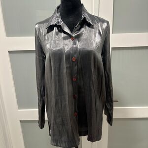 Vintage 90s Metallic Charcoal Grey Shimmer Button Down Blouse Top Size Petite L